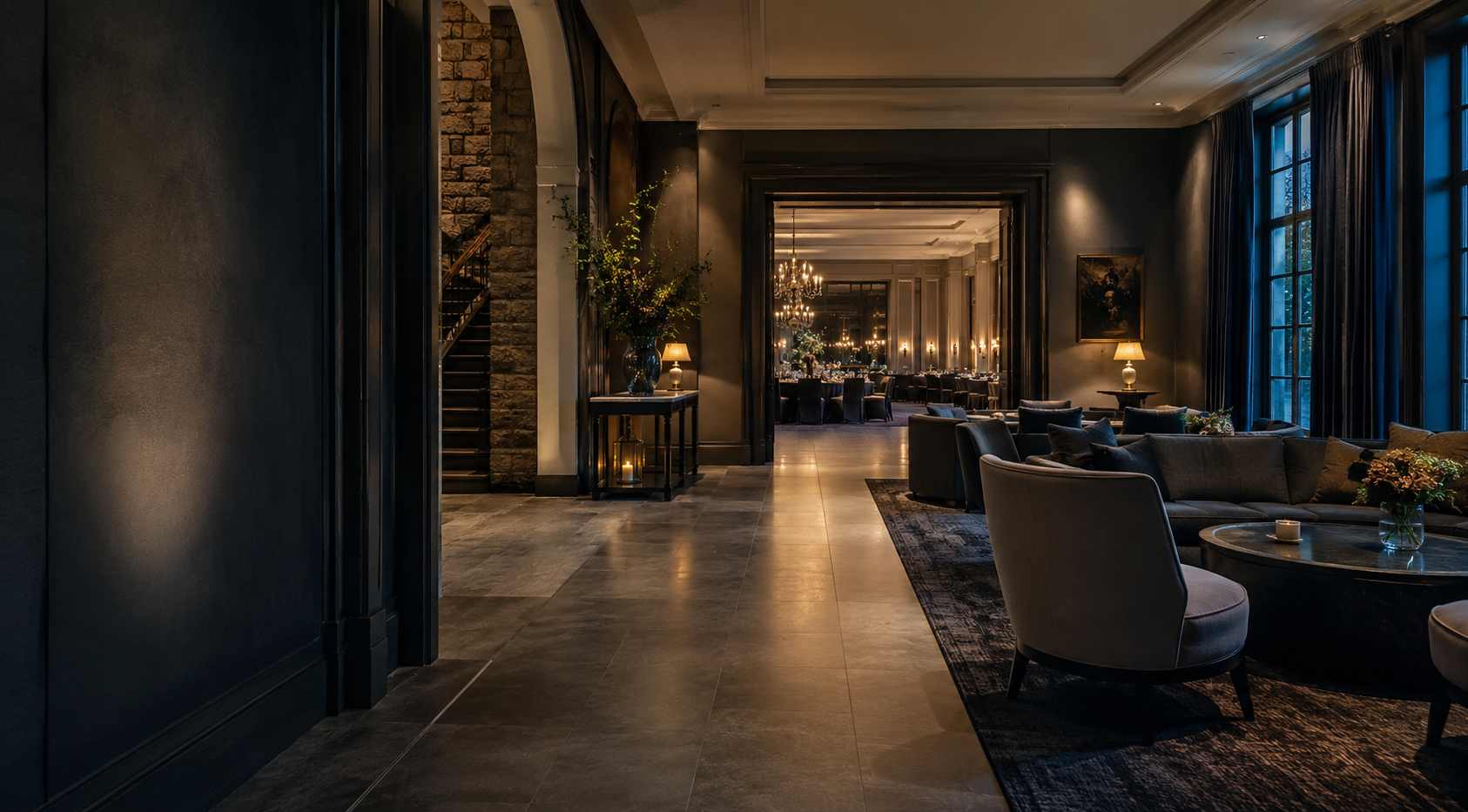 A sophisticated hotel lounge and event space